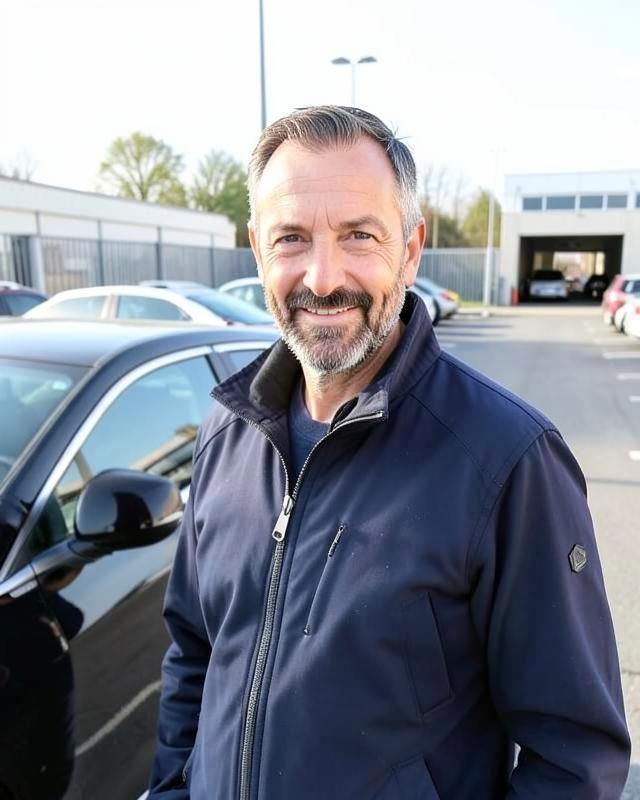 Marc L., conducteur, devant sa voiture sur un parking